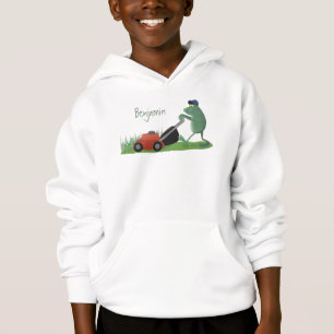 Funny green frog mowing grawn cartoon