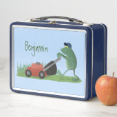 Funny green frog mowing grawn cartoon (In situ)