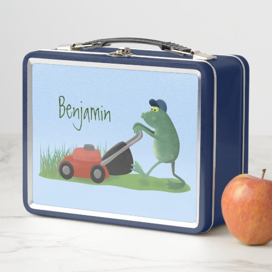 Funny green frog mowing grawn cartoon (In situ)