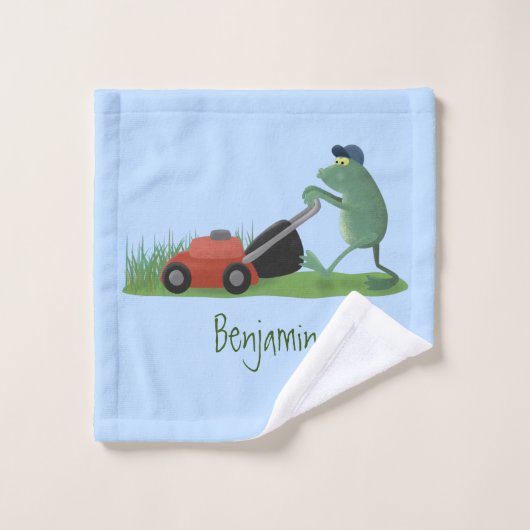 Funny green frog mowing grawn cartoon bad handdoek (Wasdoekje)