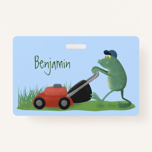 Funny green frog mowing grawn cartoon badge (Voorkant)