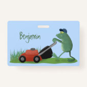 Funny green frog mowing grawn cartoon badge (Achterkant)