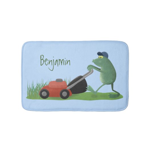 Funny green frog mowing grawn cartoon badmat (Voorkant)