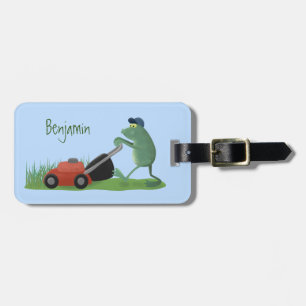 Funny green frog mowing grawn cartoon bagagelabel