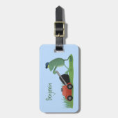 Funny green frog mowing grawn cartoon bagagelabel (Voorkant verticaal)