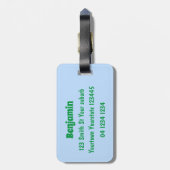 Funny green frog mowing grawn cartoon bagagelabel (Achterkant verticaal)