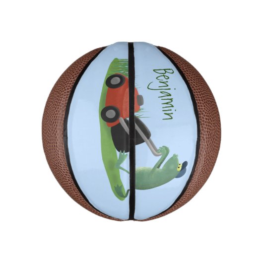 Funny green frog mowing grawn cartoon basketbal (Verticaal)