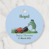 Funny green frog mowing grawn cartoon bedankjes labels (Achterkant)