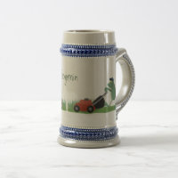 Funny green frog mowing grawn cartoon