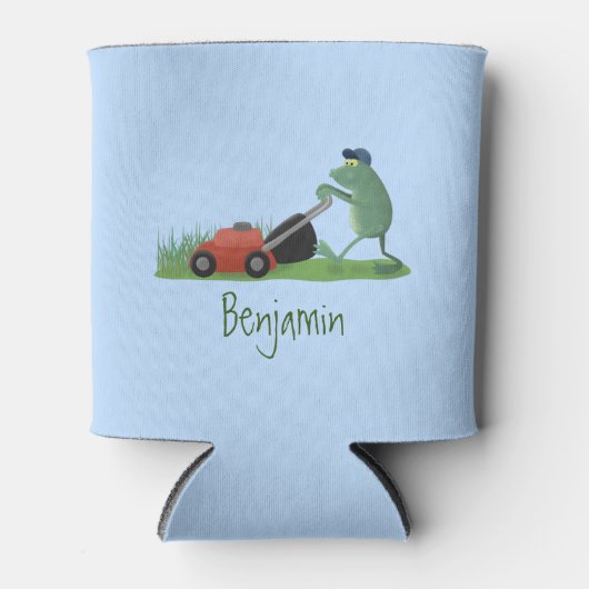 Funny green frog mowing grawn cartoon blikjeskoeler (Voorkant)