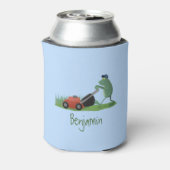 Funny green frog mowing grawn cartoon blikjeskoeler (Blikje Achterkant)