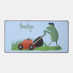 Funny green frog mowing grawn cartoon bureaumat
