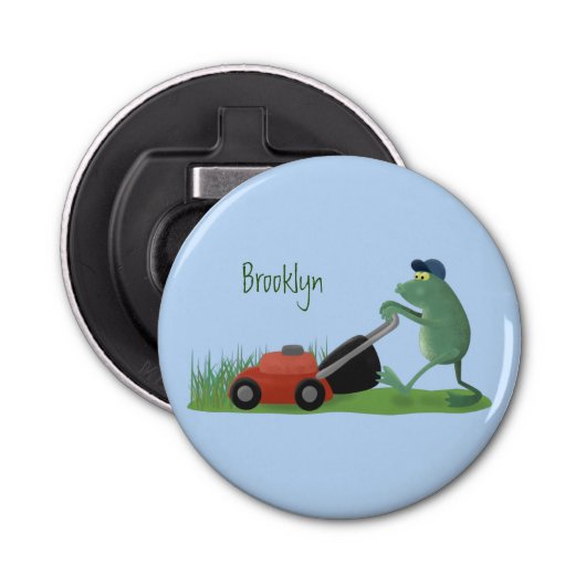 Funny green frog mowing grawn cartoon button flesopener (Voorkant)