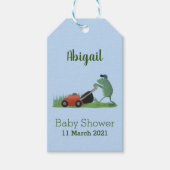 Funny green frog mowing grawn cartoon cadeaulabel (Voorkant)