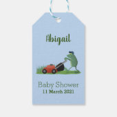 Funny green frog mowing grawn cartoon cadeaulabel (Achterkant)