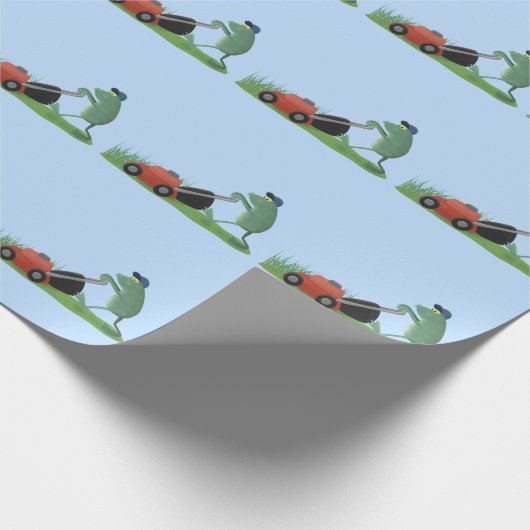 Funny green frog mowing grawn cartoon cadeaupapier (Hoek)