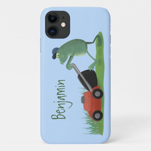 Funny green frog mowing grawn cartoon Case-Mate iPhone case (Achterkant)