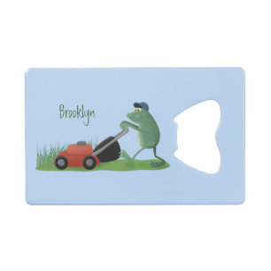 Funny green frog mowing grawn cartoon creditkaart flessenopener