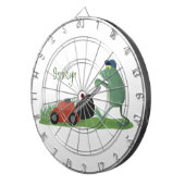 Funny green frog mowing grawn cartoon dartbord (Voorkant Rechts)