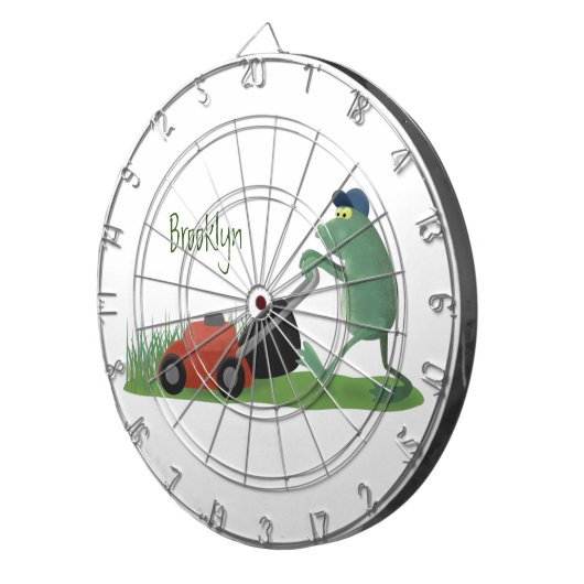 Funny green frog mowing grawn cartoon dartbord (Voorkant Rechts)
