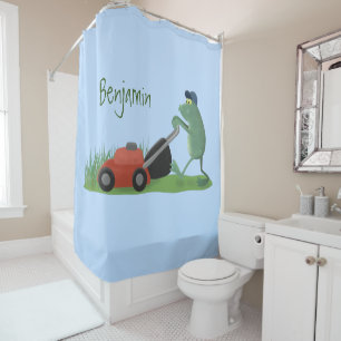 Funny green frog mowing grawn cartoon douchegordijn