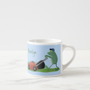 Funny green frog mowing grawn cartoon espresso kop