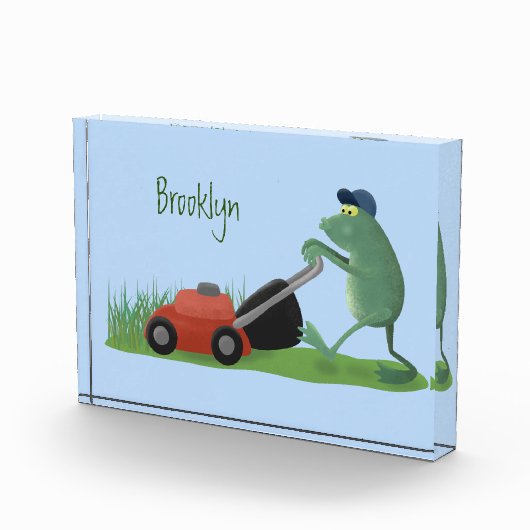 Funny green frog mowing grawn cartoon fotoblokken (Rechts)