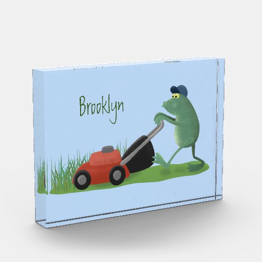 Funny green frog mowing grawn cartoon fotoblokken (Links)