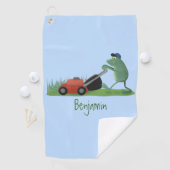 Funny green frog mowing grawn cartoon golfhanddoek (Insitu)