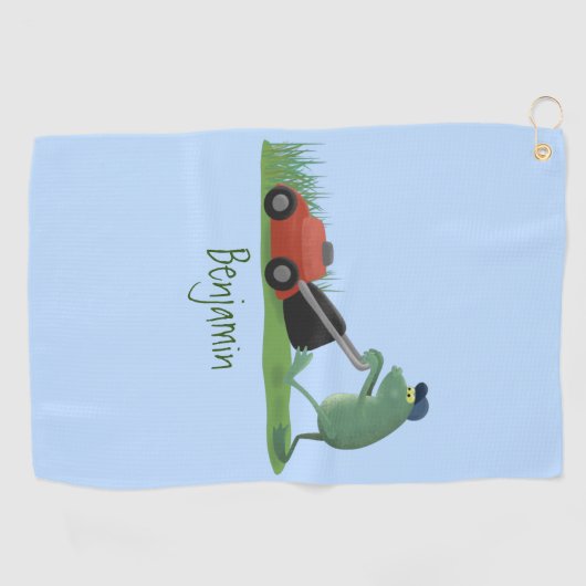 Funny green frog mowing grawn cartoon golfhanddoek (Horizontaal)