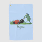 Funny green frog mowing grawn cartoon golfhanddoek (Voorkant)