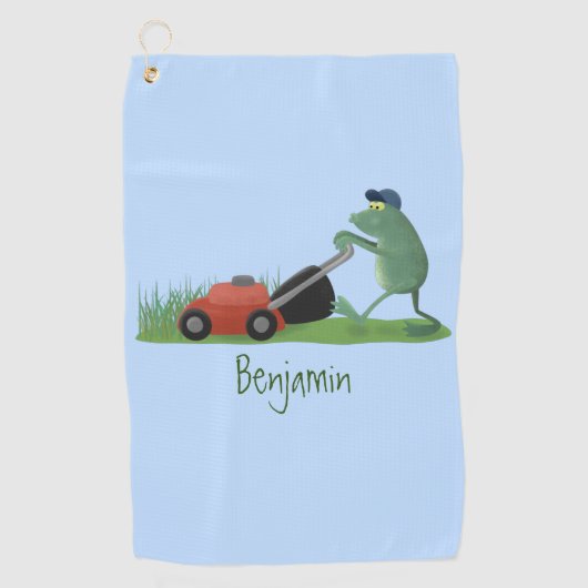 Funny green frog mowing grawn cartoon golfhanddoek (Voorkant)