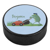 Funny green frog mowing grawn cartoon hockey puck (3/4)