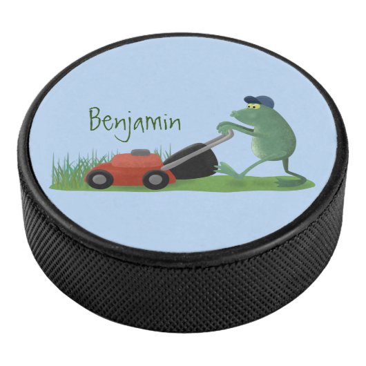 Funny green frog mowing grawn cartoon hockey puck (3/4)