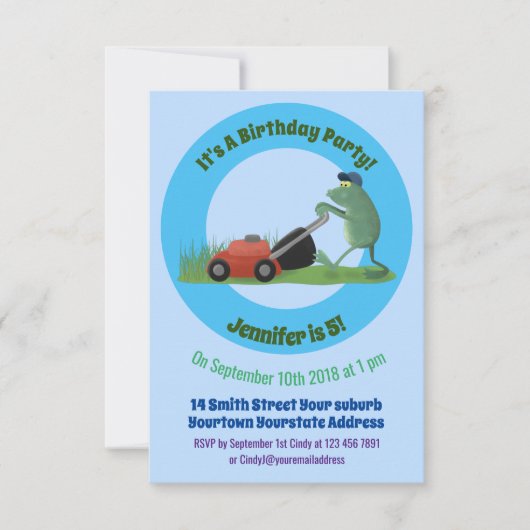 Funny green frog mowing grawn cartoon kaart (Voorkant)