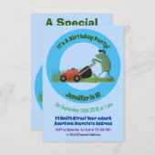 Funny green frog mowing grawn cartoon kaart (Voorkant / Achterkant)