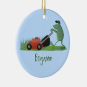 Funny green frog mowing grawn cartoon keramisch ornament (Rechts)