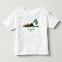 Funny green frog mowing grawn cartoon