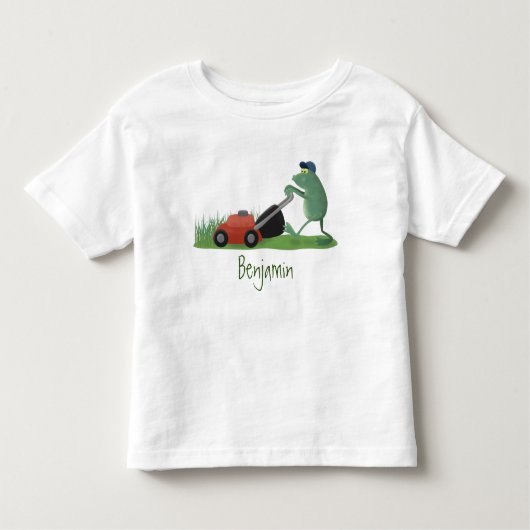 Funny green frog mowing grawn cartoon kinder shirts (Voorkant)