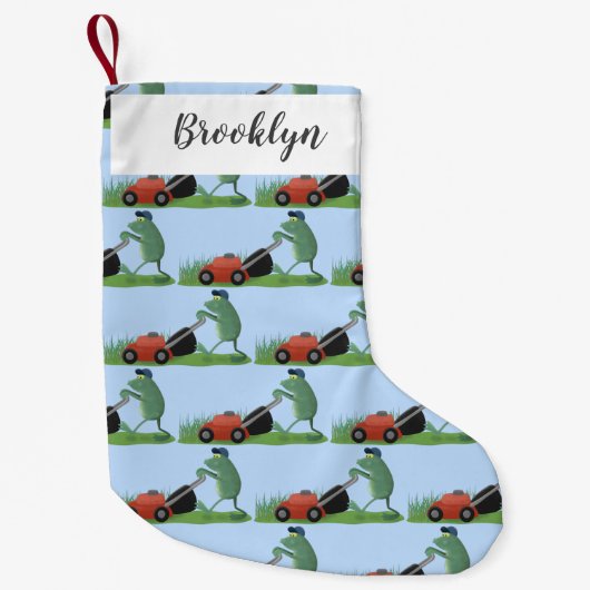 Funny green frog mowing grawn cartoon kleine kerstsok (Voorkant)
