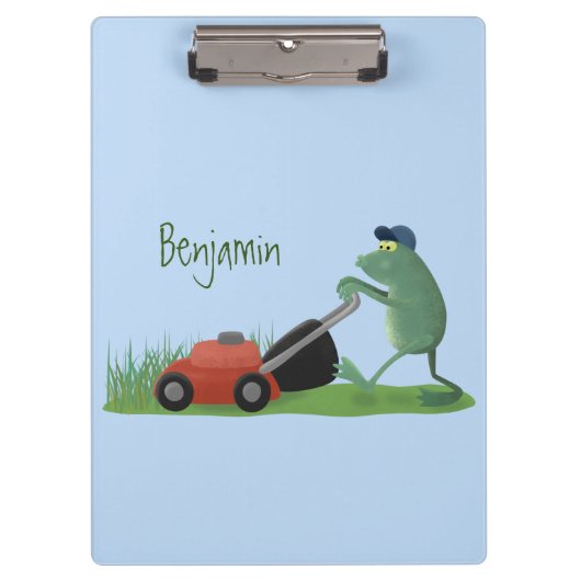 Funny green frog mowing grawn cartoon klembord (Voorkant)