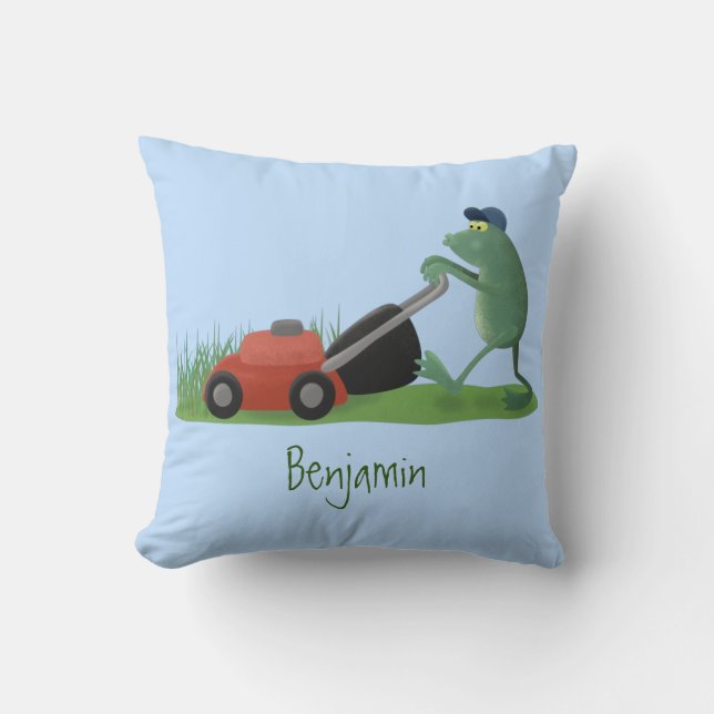 Funny green frog mowing grawn cartoon kussen (Voorkant)