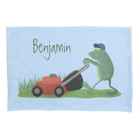 Funny green frog mowing grawn cartoon kussensloop (Voorkant)