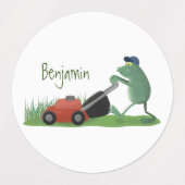 Funny green frog mowing grawn cartoon labels (Design 1)