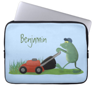 Funny green frog mowing grawn cartoon laptop sleeve