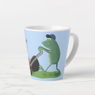 Funny green frog mowing grawn cartoon latte mok