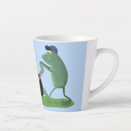 Funny green frog mowing grawn cartoon latte mok (Rechts)