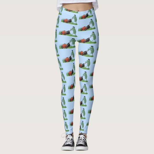 Funny green frog mowing grawn cartoon leggings (Voorkant)