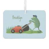 Funny green frog mowing grawn cartoon luchtverfrisser (Achterkant)