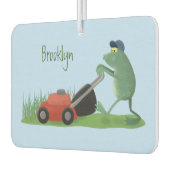 Funny green frog mowing grawn cartoon luchtverfrisser (Links)